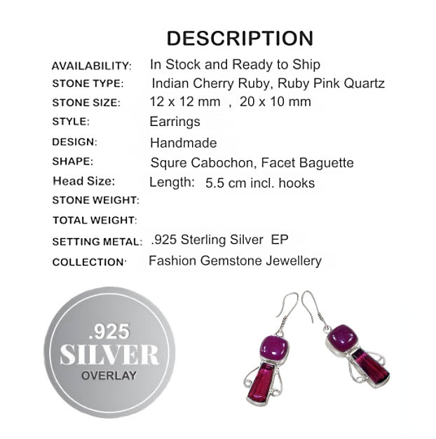 Handmade Indian Cherry Red Ruby and White Pearl Earrings Set in .925 Silver - BELLADONNA