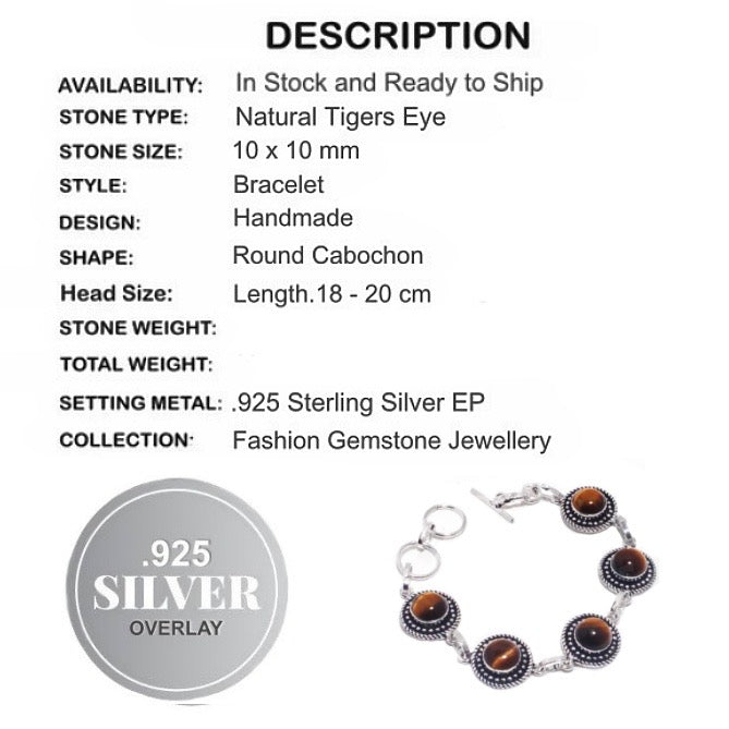 Natural Tigers Eye Gemstone  .925 Sterling Silver Bracelet - BELLADONNA