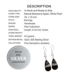 Natural Botswana Agate, Pearl Gemstone Solid.925 Sterling Silver Earrings - BELLADONNA