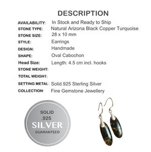 Natural Black Copper Arizona Turquoise Gemstone Solid .925 Sterling Silver Earrings - BELLADONNA