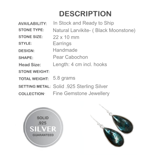 Natural Larvikite Black Moonstone Gemstone Solid .925 Sterling Silver Earrings - BELLADONNA