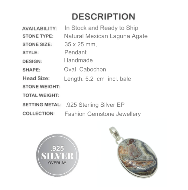 Natural Mexican Laguna Lace Agate Gemstone .925 Sterling Silver Pendant - BELLADONNA