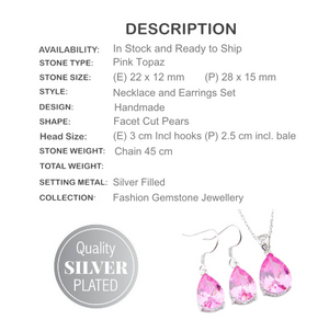 Pink Topaz Pear Shape Silver Fashion Necklace and Earrings Set - BELLADONNA