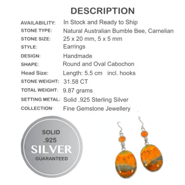 Incredible Australian Bumble Bee Jasper, Carnelian Solid .925 Sterling Silver Earrings - BELLADONNA