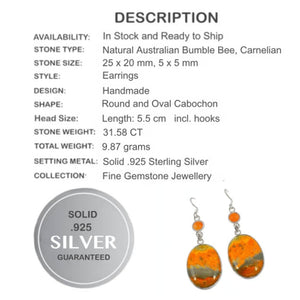 Incredible Australian Bumble Bee Jasper, Carnelian Solid .925 Sterling Silver Earrings - BELLADONNA