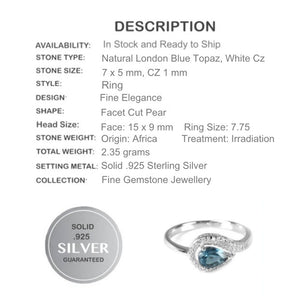 Natural London Blue Topaz White Cz Solid .925 Sterling Silver Size 7.75 - BELLADONNA