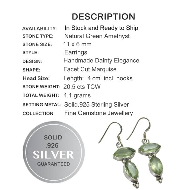 Natural Green Amethyst Marquise Gemstones set in Solid .925 Sterling Silver Earrings - BELLADONNA