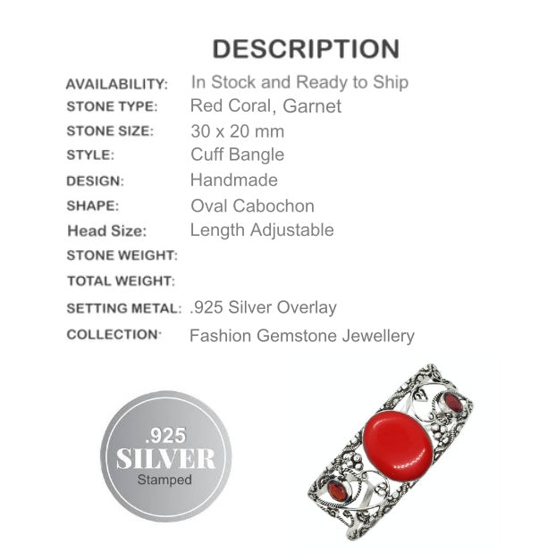 Handmade Red Coral. Garnet Gemstone .925 S/Silver Cuff Bangle-BELLADONNA