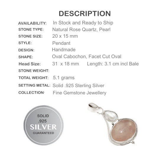 Natural Rose Quartz,Pearl Solid.925 Sterling Silver Pendant - BELLADONNA