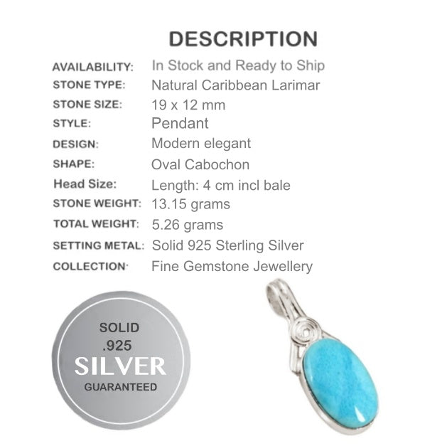 Exquisite Natural Caribbean Larimar Solid .925 Sterling Silver Pendant - BELLADONNA