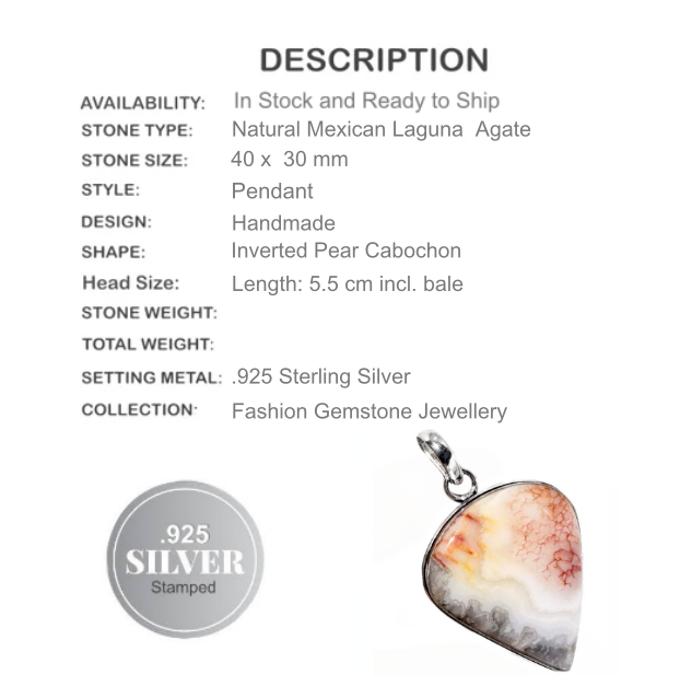 Natural Mexican Laguna Agate Gemstone.925 Sterling Silver Pendant - BELLADONNA