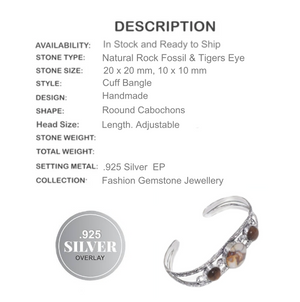 Natural Rock Fossil Tigers Eye Gemstone  .925 Sterling Silver Cuff Bangle - BELLADONNA