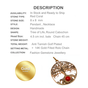 Handmade Tree of Life Red Coral Gemstone Pendant .925 Silver Pendant + 14K Gold Filled Chain-BELLADONNA