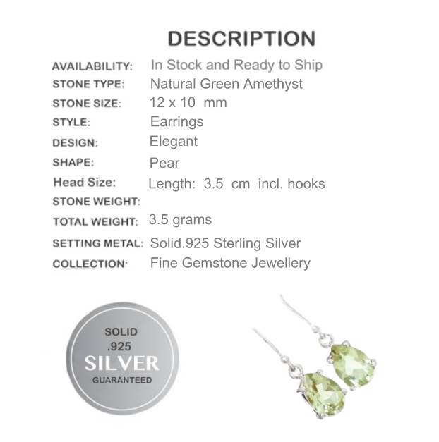 Natural Green Amethyst Pears Gemstone Solid .925 Sterling Silver Earrings - BELLADONNA