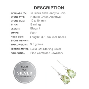 Natural Green Amethyst Pears Gemstone Solid .925 Sterling Silver Earrings - BELLADONNA