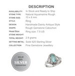 Natural Rough Aquamarine,  Gemstone Solid .925 Silver Ring Size US 7.5 - BELLADONNA