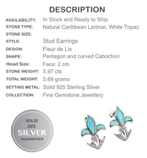 Fleur De Lis Natural Caribbean Larimar Solid .925 Sterling Silver Studs Earrings - BELLADONNA