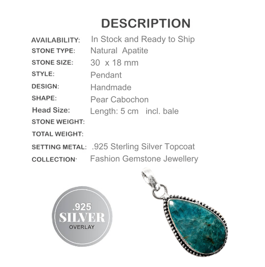 Natural Blue Apatite Gemstone .925 Silver Pendant - BELLADONNA