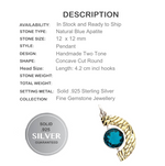 Two Tone Natural Neon Blue Apatite Gemstone Solid .925 Sterling Silver Pendant - BELLADONNA