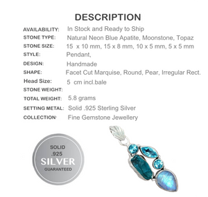 Natural Neon Blue Apatite Rough, Blue Topaz, Moonstone  Gemstone Solid .925 Sterling Silver Pendant - BELLADONNA