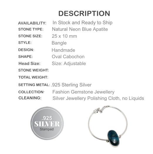 Natural Oval Neon Blue Apatite Gemstone .925 Silver Bangle - BELLADONNA