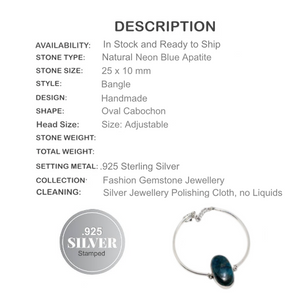 Natural Oval Neon Blue Apatite Gemstone .925 Silver Bangle - BELLADONNA