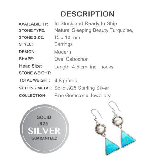 Natural Sleeping Beauty Turquoise Gemstone .925 Sterling Silver Earrings - BELLADONNA