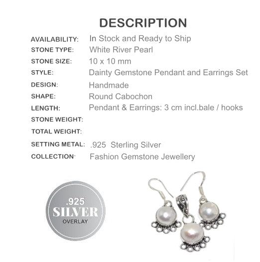 Natural White River Pearl. 925 Sterling Silver Pendant and Earrings Set - BELLADONNA