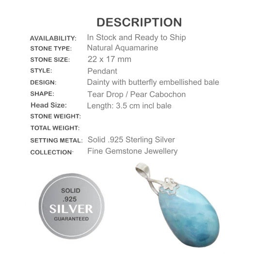 Handmade Natural Aquamarine Solid 925 Sterling Silver Pendant - BELLADONNA