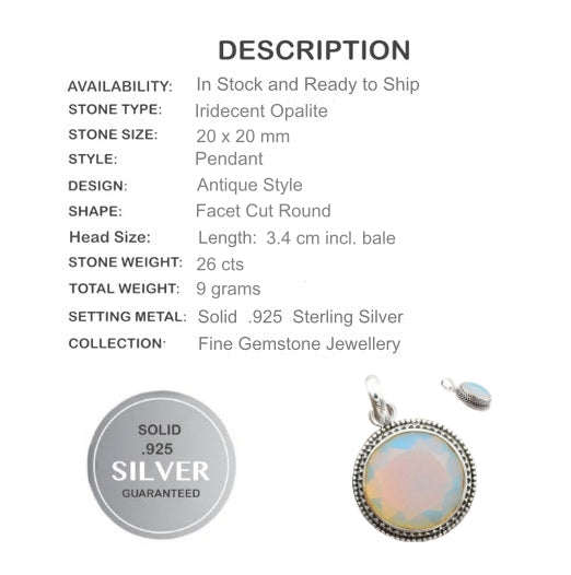 26 cts Fire Opalite Gemstone Solid.925 Sterling Silver Pendant - BELLADONNA
