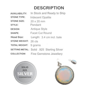 26 cts Fire Opalite Gemstone Solid.925 Sterling Silver Pendant - BELLADONNA