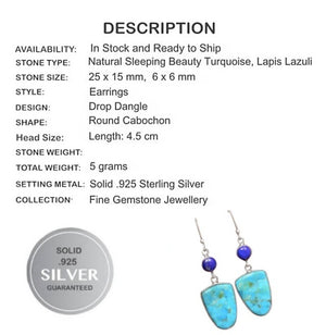 Natural Sleeping Beauty Turquoise, Lapis Lazuli Gemstone Solid .925 Sterling Silver Earrings - BELLADONNA