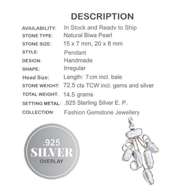 Natural Biwa Pearl Gemstone . 925 Sterling Silver Pendant - BELLADONNA