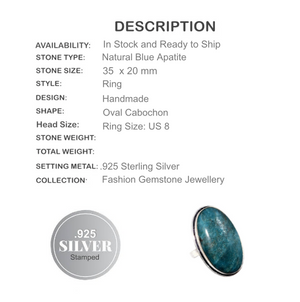 Natural Blue Apatite Gemstone .925 Sterling Silver Ring Size US 8 / Q - BELLADONNA