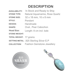 Handmade Natural Aquamarine, Rose Quartz Gemstone .925 Sterling Silver Pendant - BELLADONNA