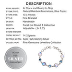 Enchanting Natural Rainbow Moonstone, Blue Topaz Gemstone Solid .925 Silver Bracelet - BELLADONNA