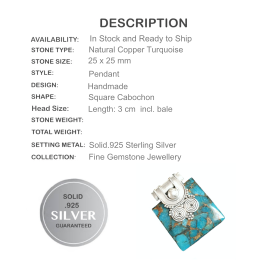 Natural Blue Copper Turquoise Gemstone Solid .925 Sterling Silver Pendant - BELLADONNA