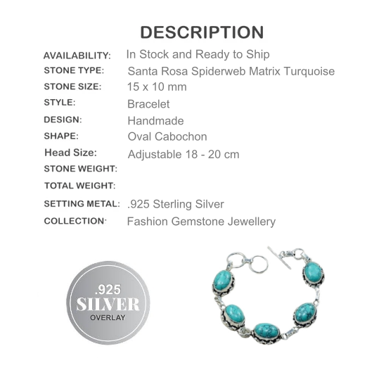 Sante Rosa Spiderweb Matrix Turquoise Gemstone 925 Sterling Silver Bracelet - BELLADONNA
