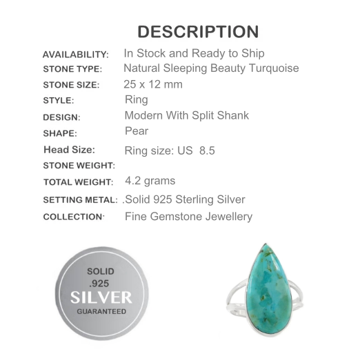 Natural Sleeping Beauty Turquoise, Gemstone Solid .925 Silver Ring Size 8.5 - BELLADONNA