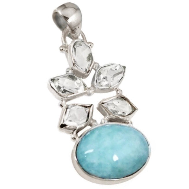 Natural Aquamarine, Herkimer Diamond Gemstone Solid .925 Sterling Silver Pendant - BELLADONNA