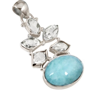 Natural Aquamarine, Herkimer Diamond Gemstone Solid .925 Sterling Silver Pendant - BELLADONNA
