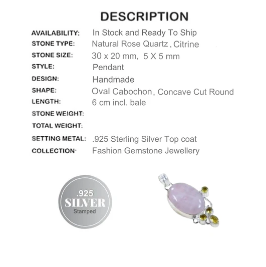 Natural Pink Rose Quartz Oval, Citrine .925 Sterling Silver Pendant - BELLADONNA
