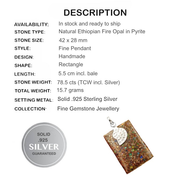 78.5 cts Natural Ethiopian Fire Opal in Pyrite Solid.925 Sterling Silver Pendant - BELLADONNA