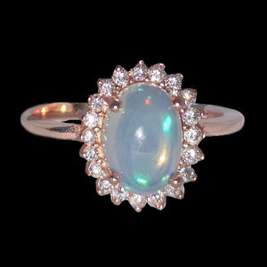 Ethiopian Fire Opal And White Cubic Zirconia Gemstone Solid .925 Sterling 14K Rose Gold Ring Size 6 - BELLADONNA
