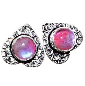 Heart Shape Pink Rainbow Moonstone Silver Plated Stud Earrings - BELLADONNA