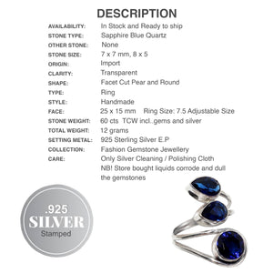 Handmade Sapphire Quartz, Gemstone .925 Silver Ring Size US 7.5 Adjustable - BELLADONNA