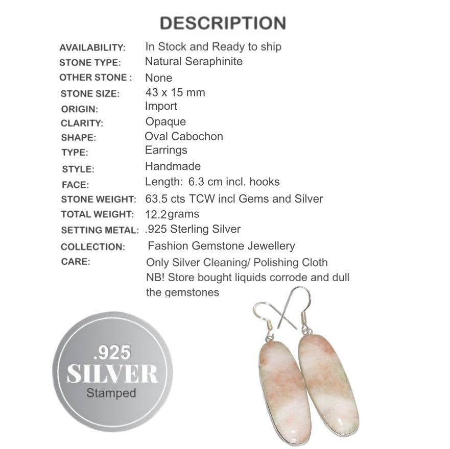 Natural Aqua Seraphinite Oval Gemstone .925 Sterling Silver Earrings - BELLADONNA