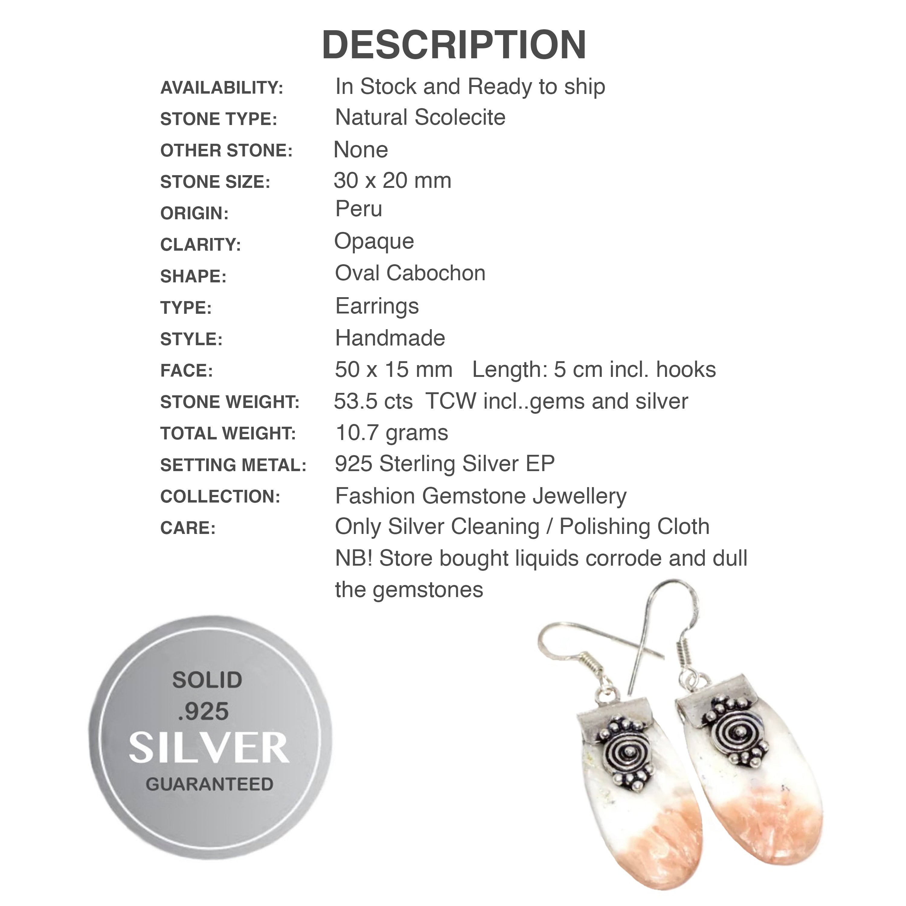 Iceland - Natural Scolecite Oval Crystal Gemstone .925 Sterling Silver Earrings - BELLADONNA