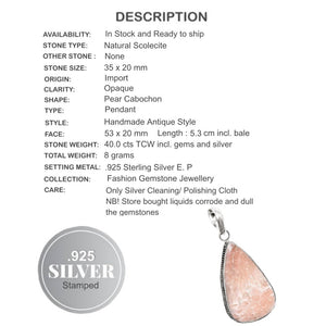 Natural Scolecite Pear Gemstone  .925 Silver Pendant - BELLADONNA