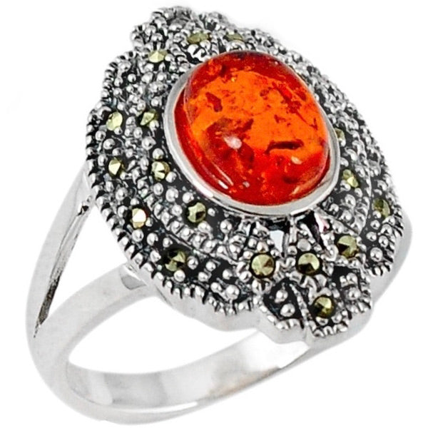 2.22 cts Natural Amber Gemstone and Swiss Marcasite In Solid .925 Sterling Silver Ring Size US 7 or O - BELLADONNA